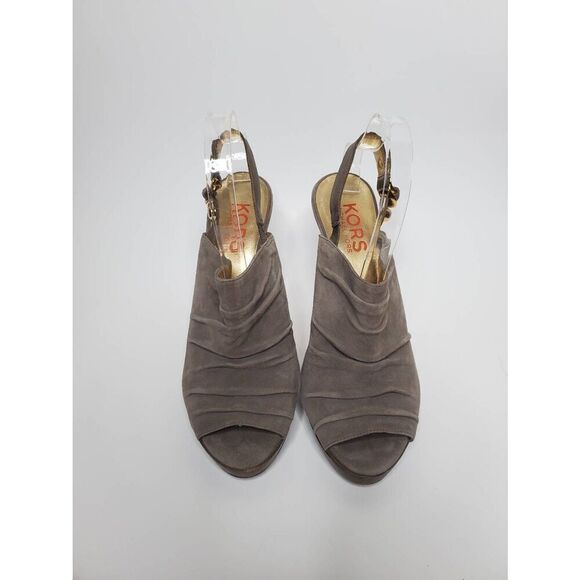 Kors Michael Kors Grey Suede Slingback Peep Toe Platform Heels Leather Slouchy - Picture 2 of 8